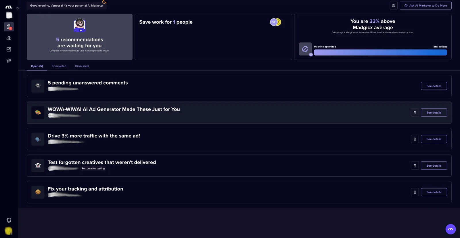 Madgicx AI Marketer dashboard listing daily optimization recommendations for your ad account.