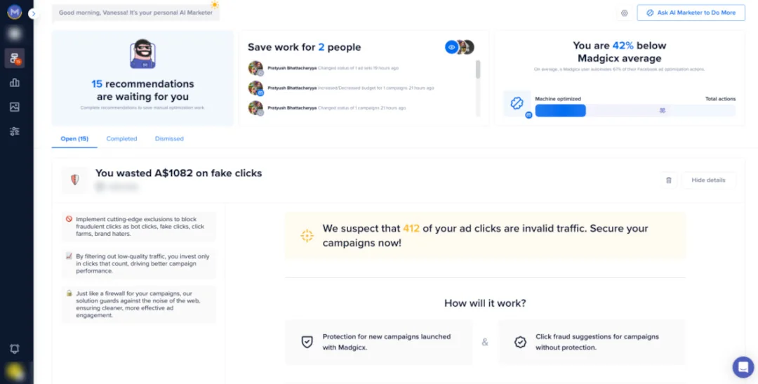 Madgicx AI Marketer recommendation flagging ad spend wasted on fake clicks, with steps to protect your campaigns.