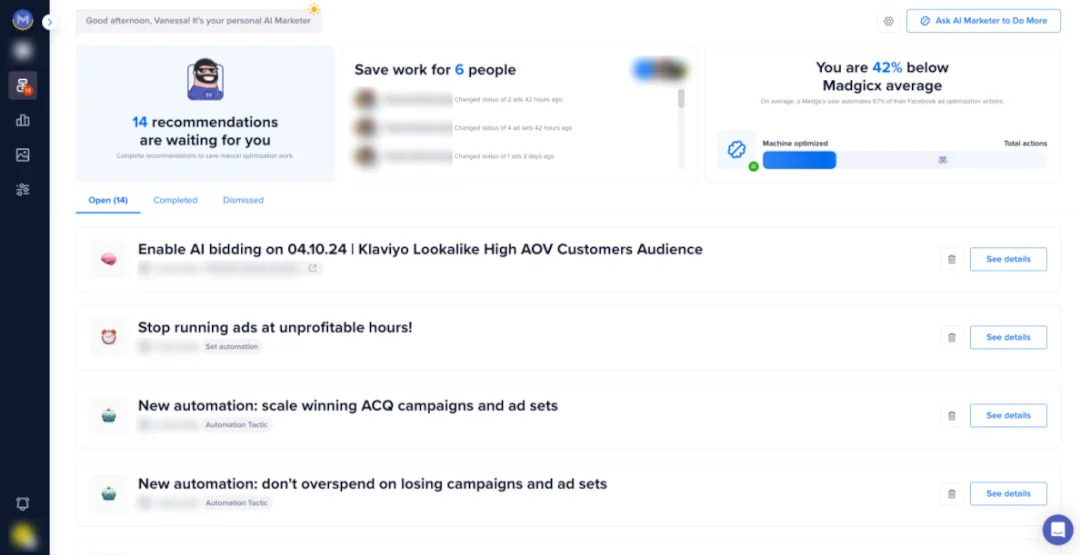 Madgicx AI Marketer with open recommendations for Facebook ads, such as enabling AI bidding and new automations.