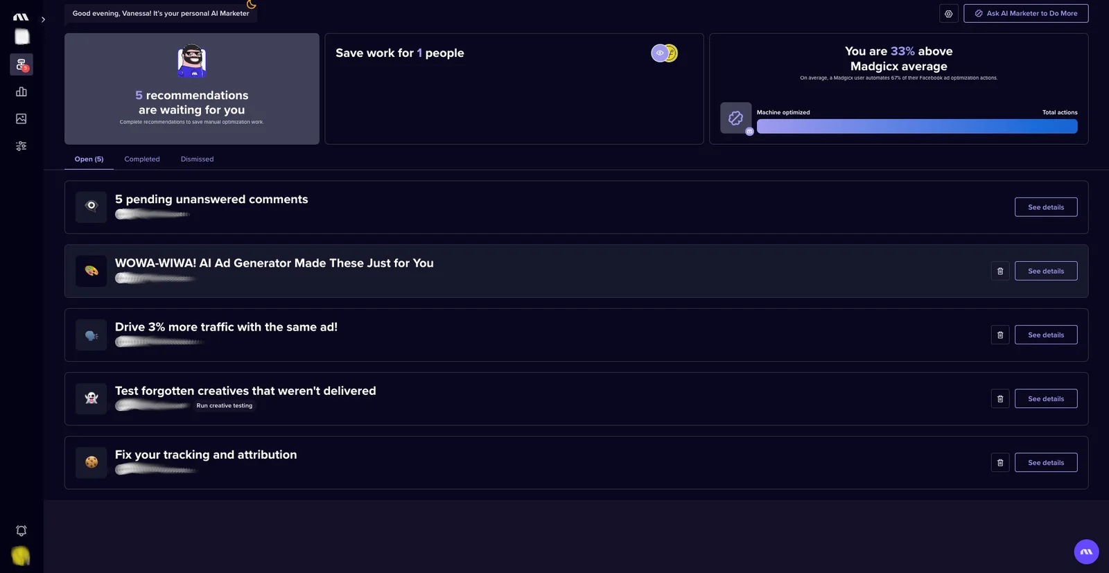 Madgicx AI Marketer dashboard listing open recommendations for optimizing Meta ad campaigns.