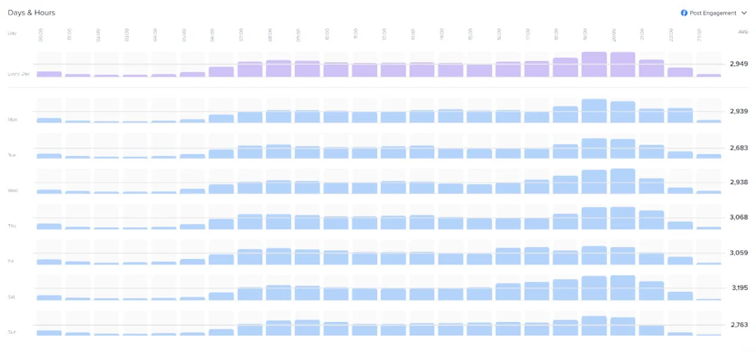 Madgicx Auction Insights Days & Hours widget with post engagement peaking in the evening.