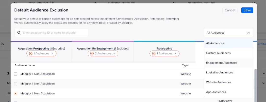 Madgicx audience exclusion
