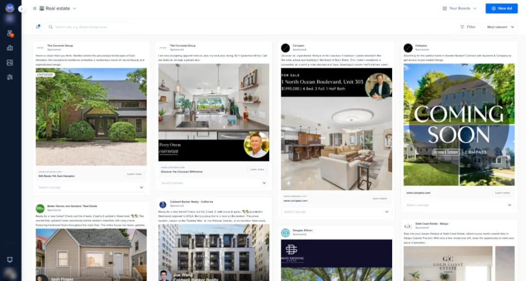 Madgicx ad inspiration board of saved real estate Facebook ads from brokers like Corcoran and Compass