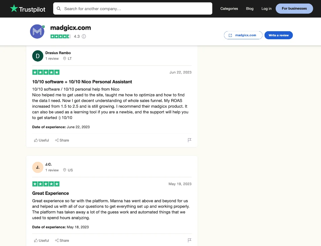 Madgicx Trustpilot reviews.