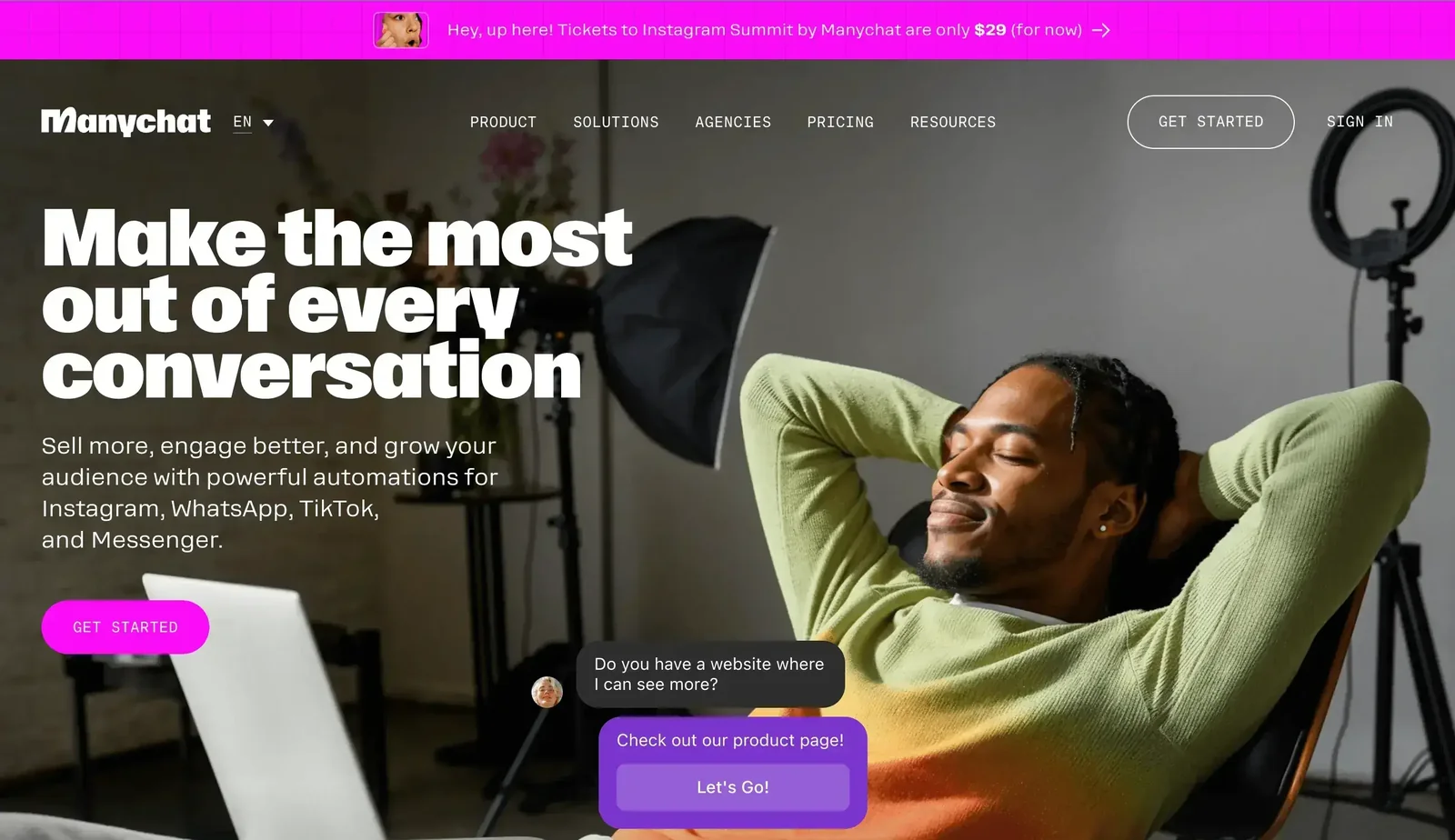 ManyChat homepage, 'Make the most out of every conversation', with automations for Instagram DMs and more.