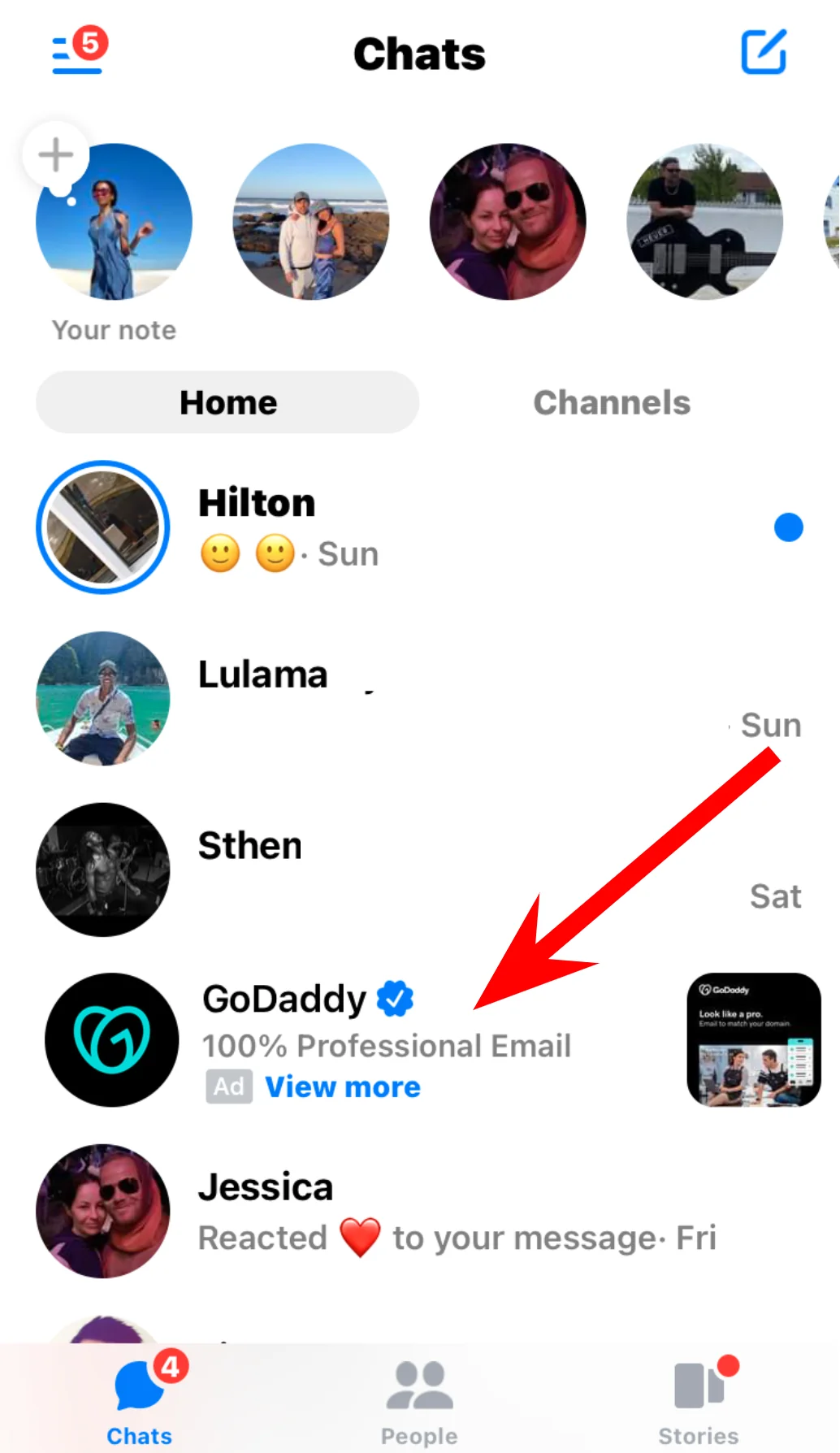 Facebook Messenger chat list with a GoDaddy ad placed among conversations on the home screen.