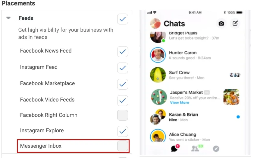 Messenger inbox placement
