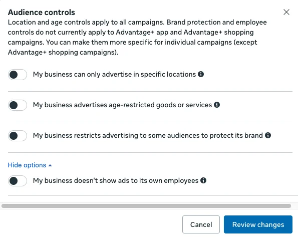 Meta audience controls for limiting ads by location, age-restricted goods, brand protection, and employees.