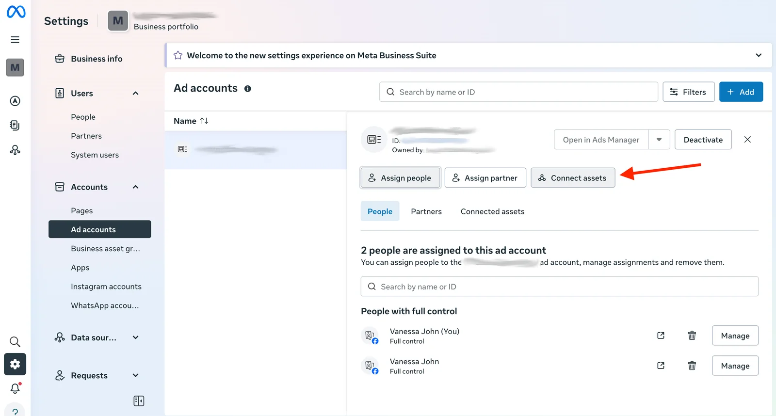 Meta business settings for an ad account, with an arrow pointing to the Connect assets button.