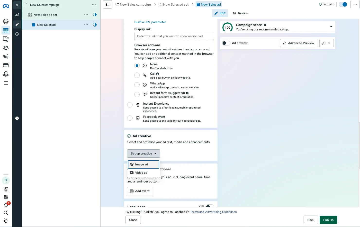 Meta ad setup with browser add-on options and the Set up creative menu for an image or video ad.