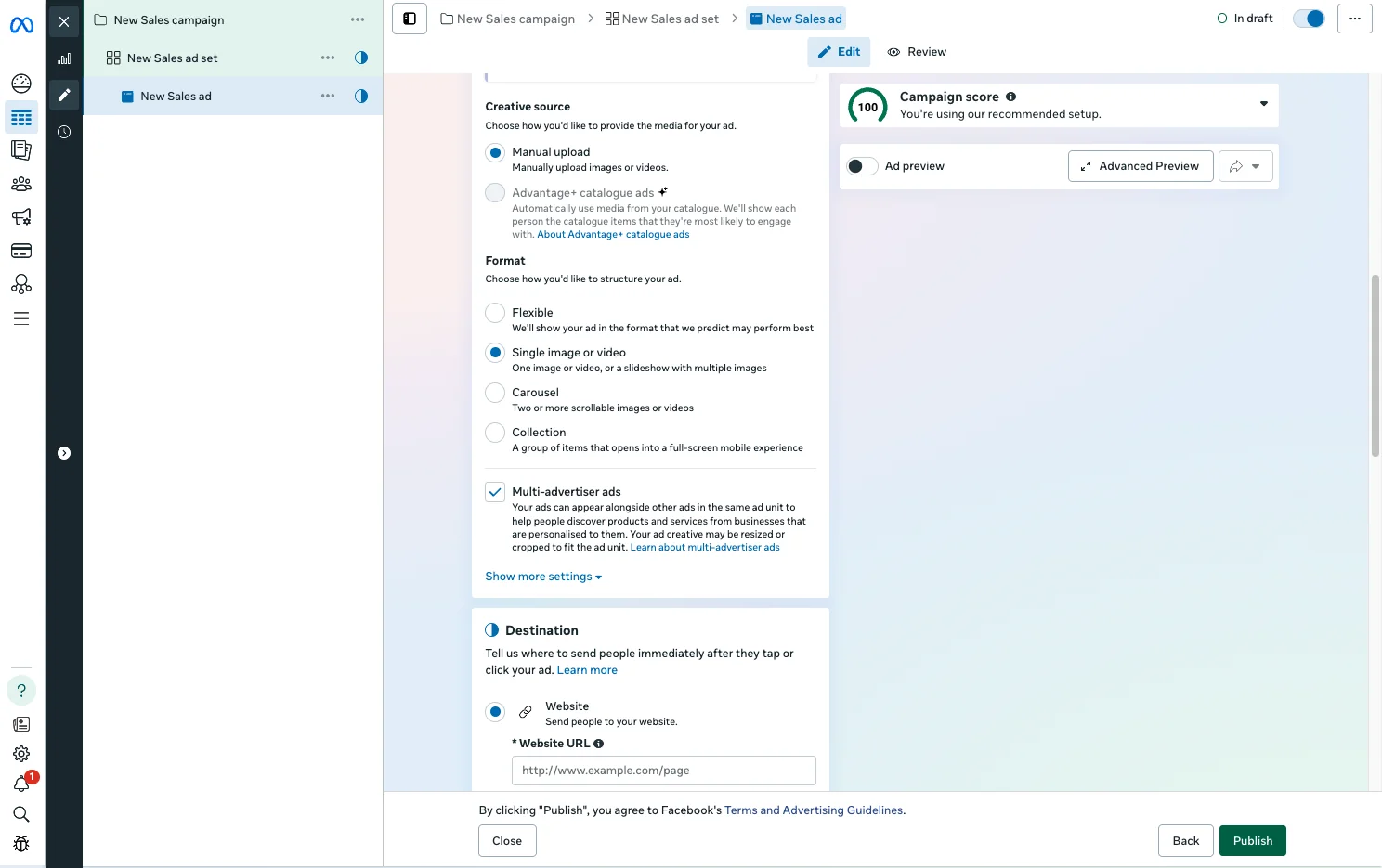 Meta ad-level settings for creative source, ad format, and the website destination.