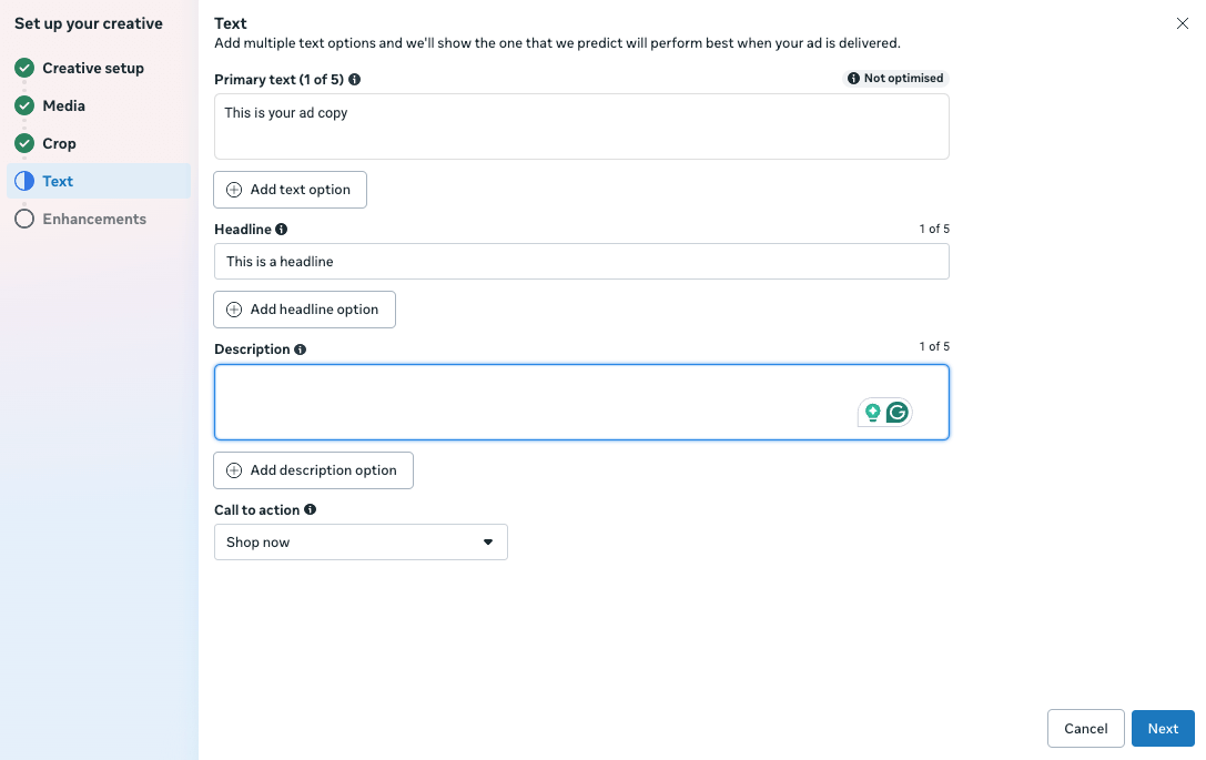 Meta creative setup Text step for adding primary text, headline, description, and a call to action.