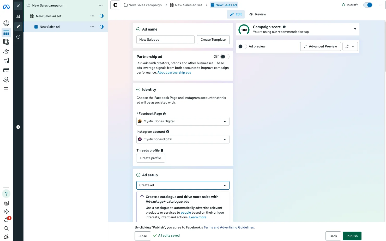Meta ad-level setup for choosing the Facebook Page, Instagram account, and Threads profile the ad runs from.