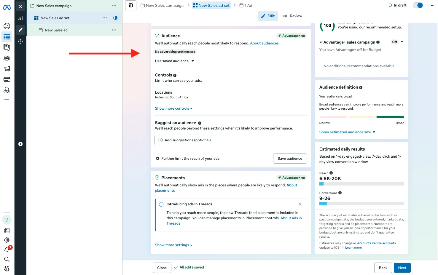 Meta ad set setup showing the Audience and Placements sections, both set to Advantage+.