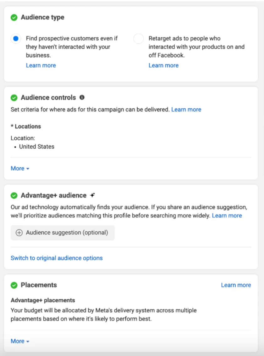 Meta ad set audience settings: audience type, location controls, an optional Advantage+ audience suggestion, and placements.