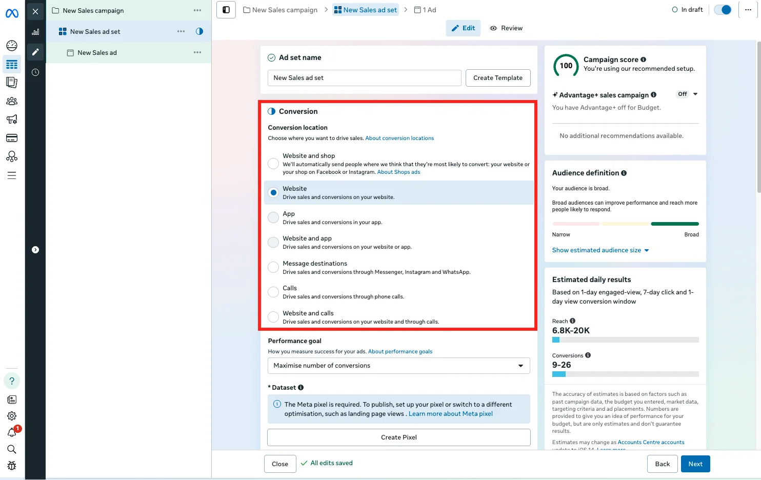 Meta ad set setup with the conversion location options highlighted and Website selected.
