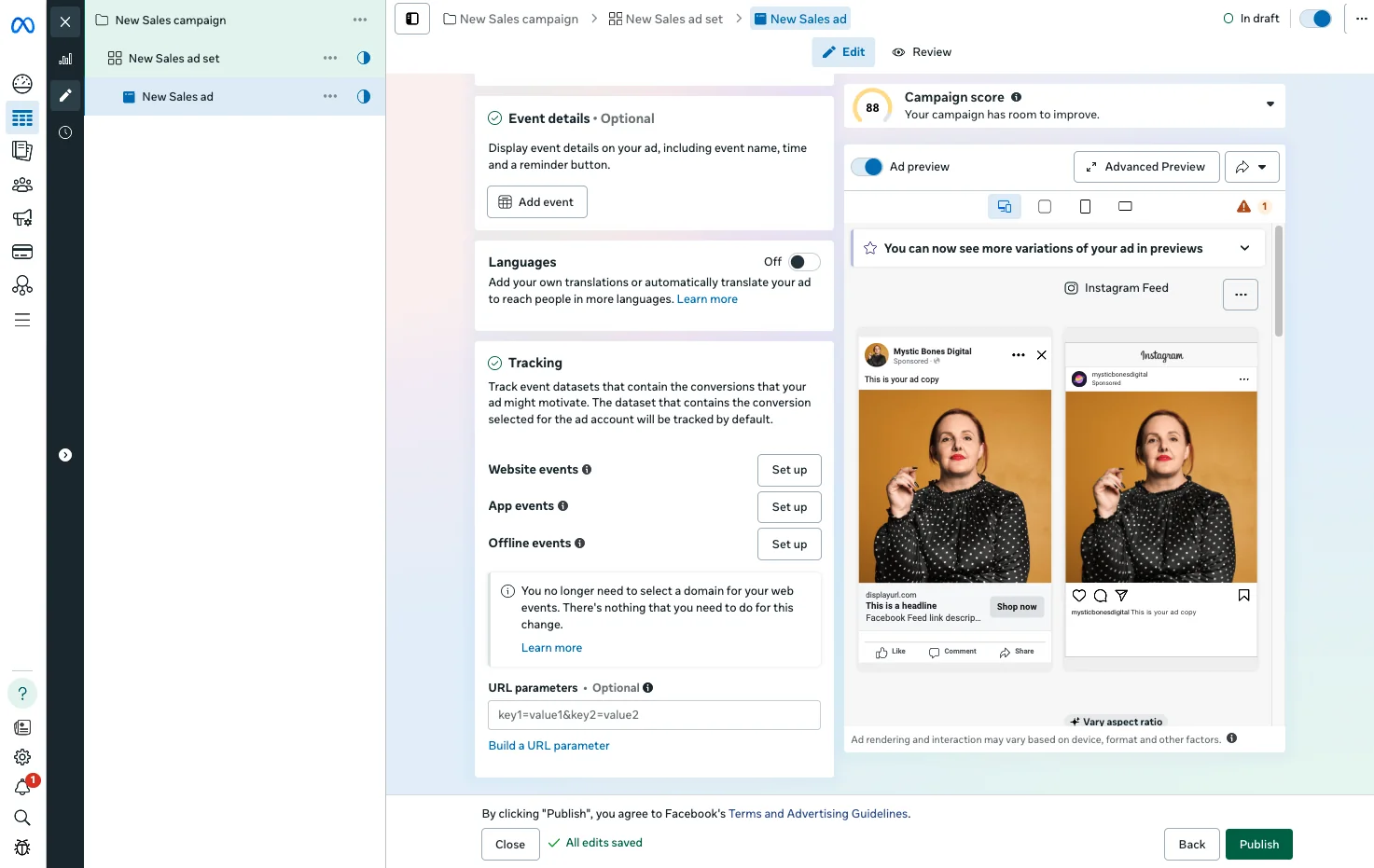 Meta ad-level Tracking settings for website, app, and offline events, beside the Facebook and Instagram ad preview.