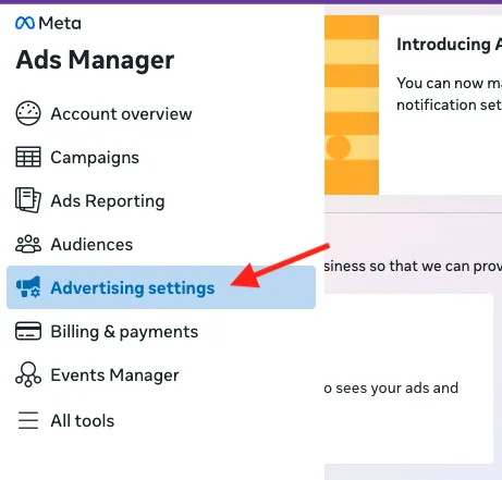 Meta Ads Manager menu with an arrow pointing to Advertising settings.