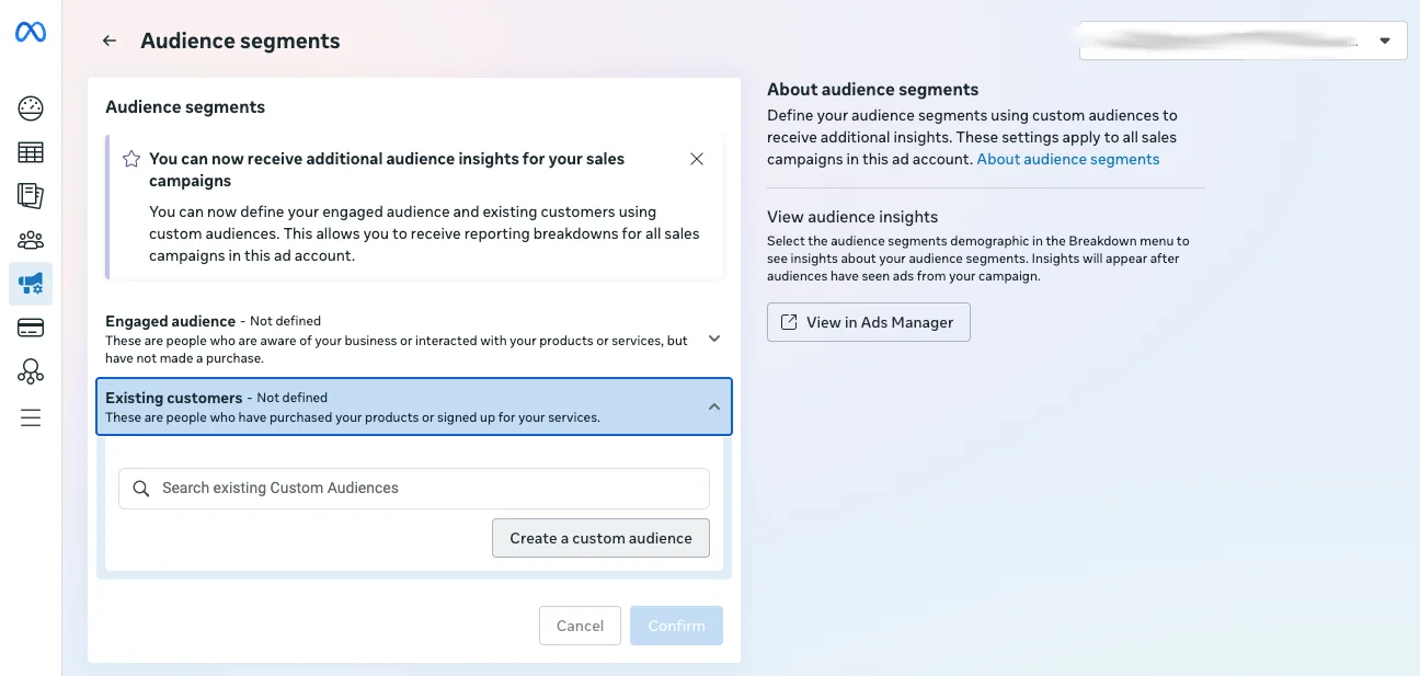 Meta Audience segments page for defining your engaged audience and existing customers with custom audiences.