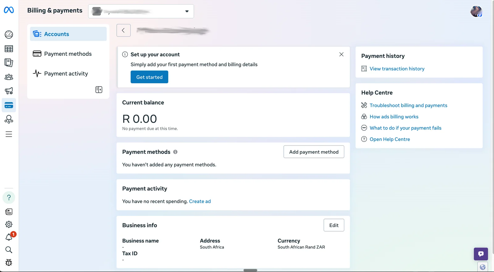 Meta Billing and payments page with the Add payment method button for a new ad account.