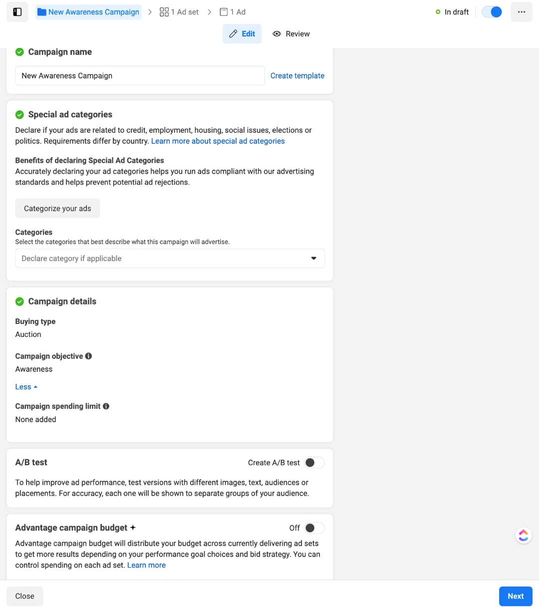 Meta Ads Manager campaign details step with campaign name, special ad categories, A/B test, and Advantage campaign budget.