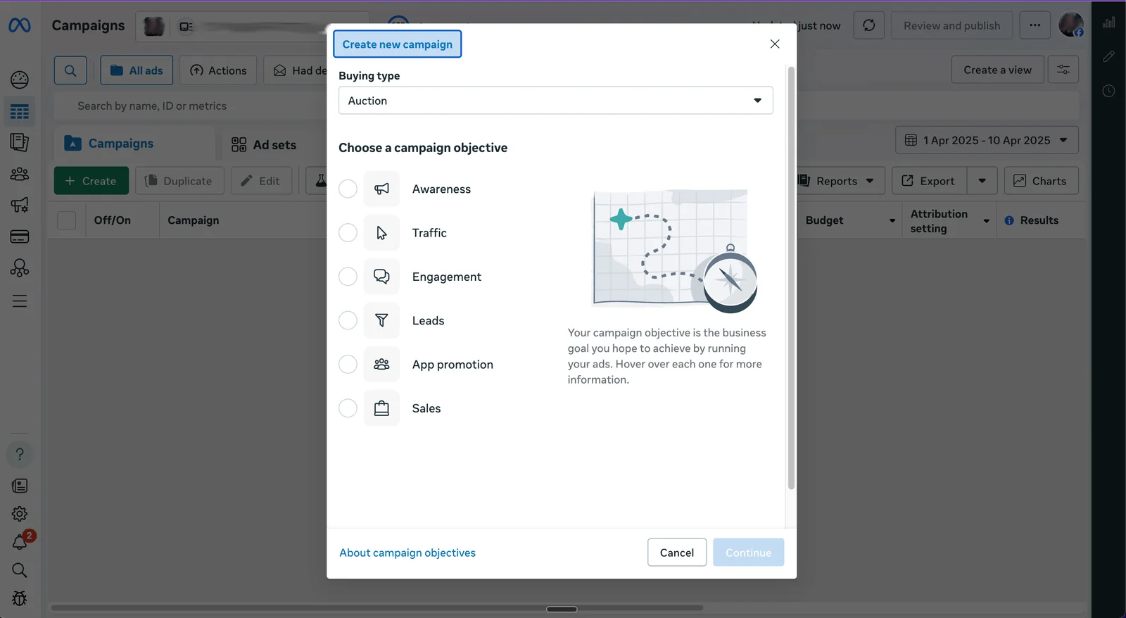 Meta Ads Manager Create new campaign dialog listing the campaign objectives, from Awareness to Sales.