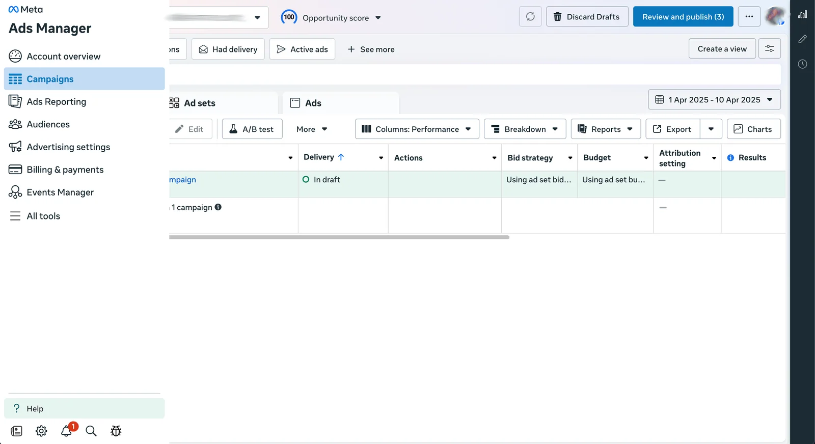 Meta Ads Manager campaigns view with the main navigation menu open.