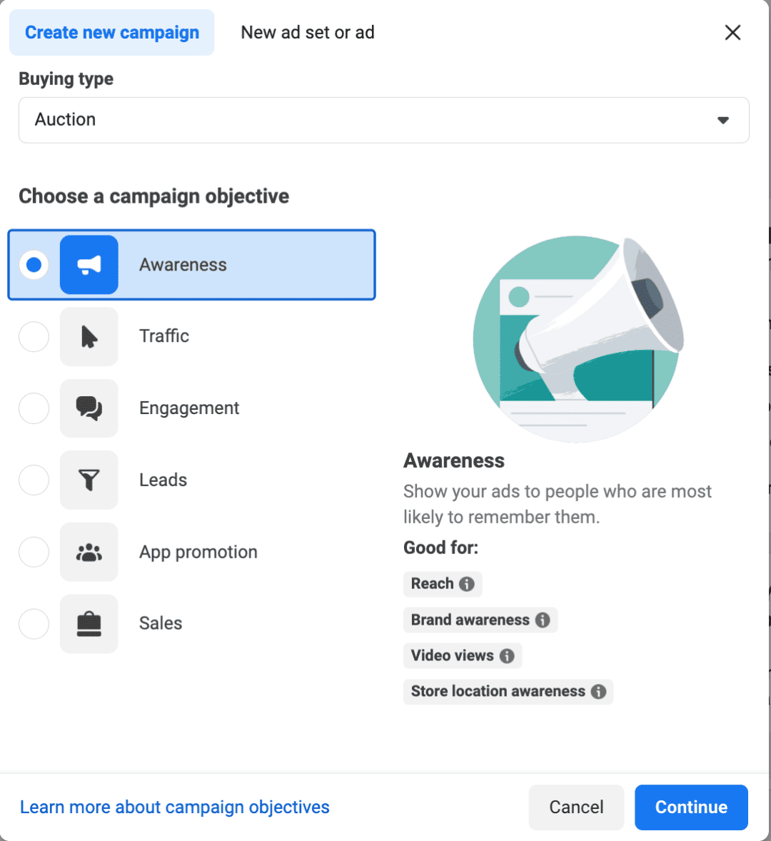 Meta Ads Manager - choose campaign objective
