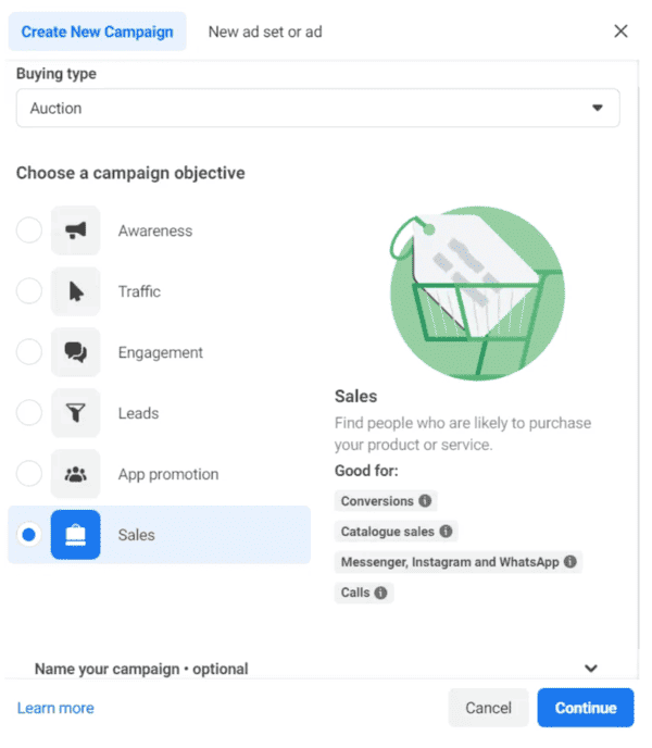 Meta Ads Manager - Choosing campaign objective 