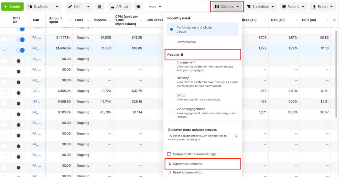 Facebook's pre-defined ad reports in the Meta Ads Manager