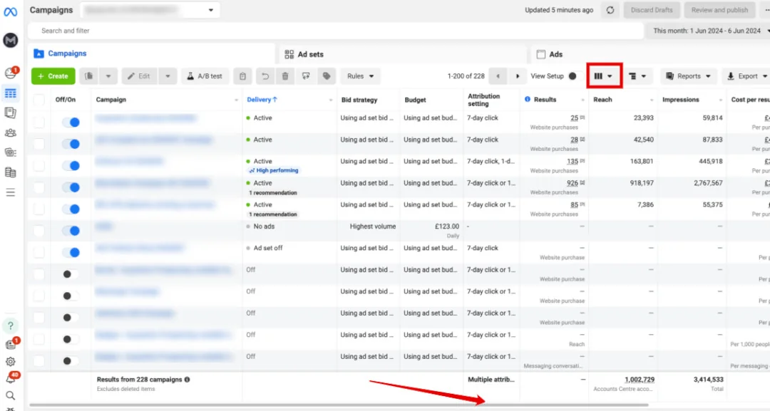 Meta Ads Manager campaigns view with the columns button highlighted and an arrow to scroll right to the metric columns.