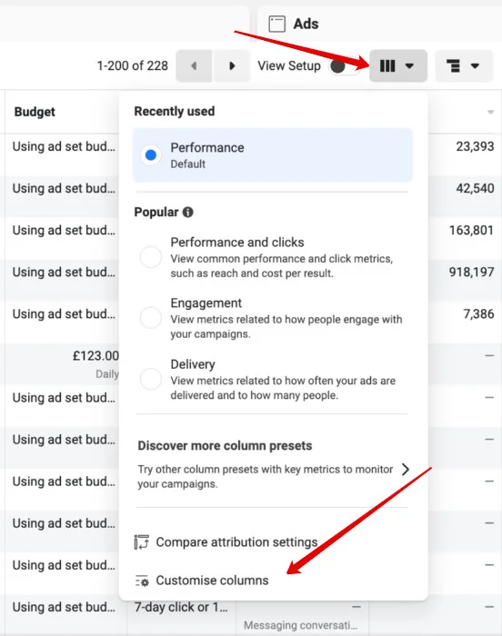 Meta Ads Manager columns menu with 'Customise columns' highlighted at the bottom.