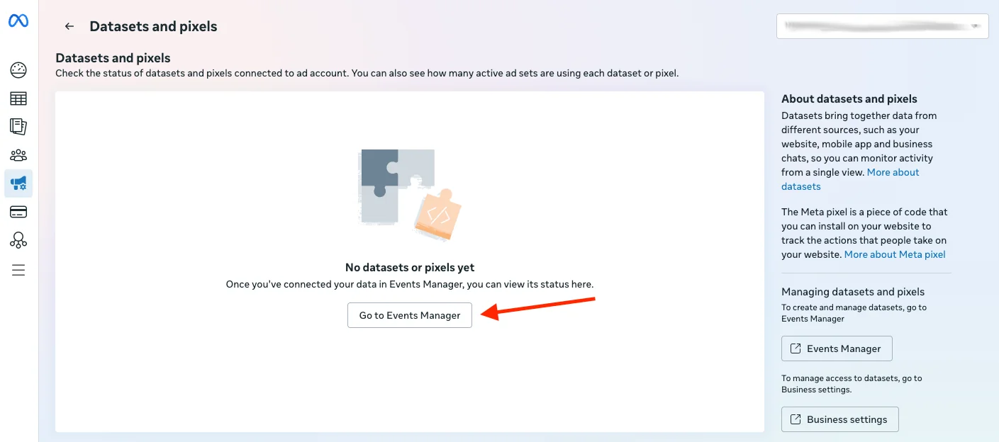 Meta Datasets and pixels page with an arrow pointing to the Go to Events Manager button.