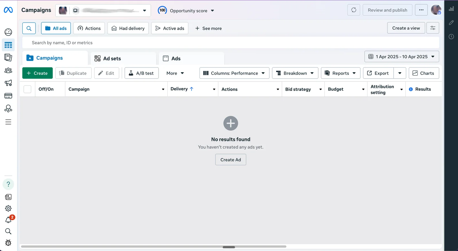 Empty Meta Ads Manager Campaigns tab, with Campaigns, Ad sets, and Ads tabs and the Create button.