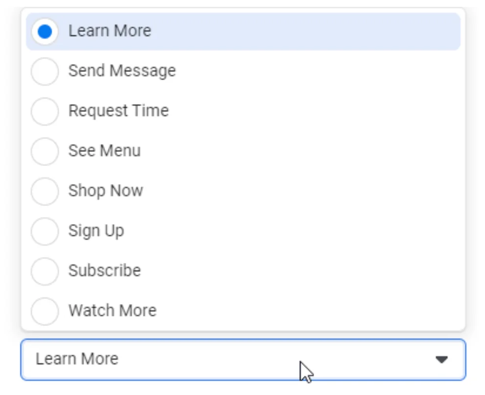 Meta Ads Manager - select call-to-action