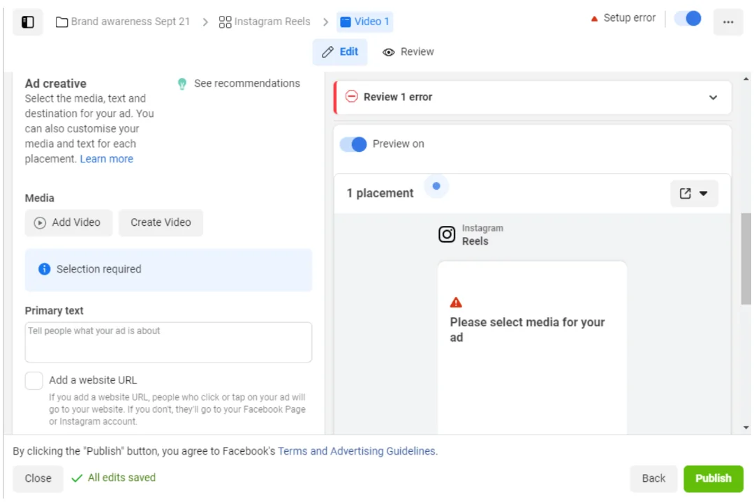 Meta Ads Manager - select media for your ad