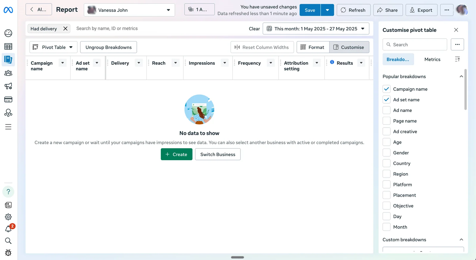 Meta Ads Reporting pivot table builder, where you pick the breakdowns and metrics for a custom report.