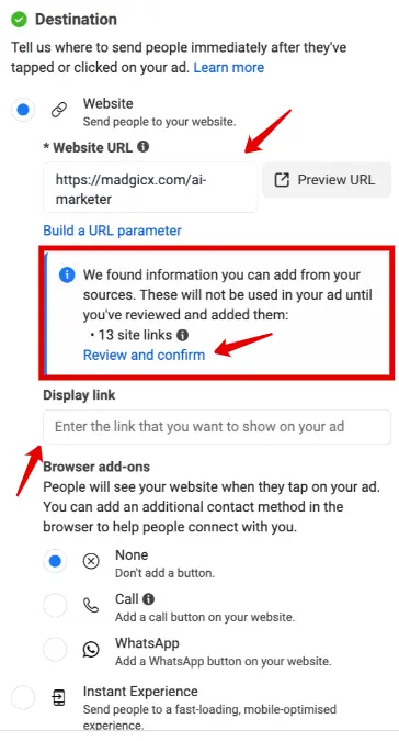 Meta Ads Manager destination settings with the 'Review and confirm' link for suggested site links highlighted.