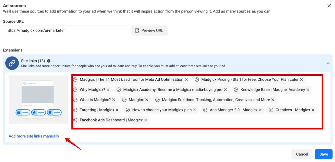 Meta 'Ad sources' panel listing site links pulled from the ad's URL, with an option to add more manually.