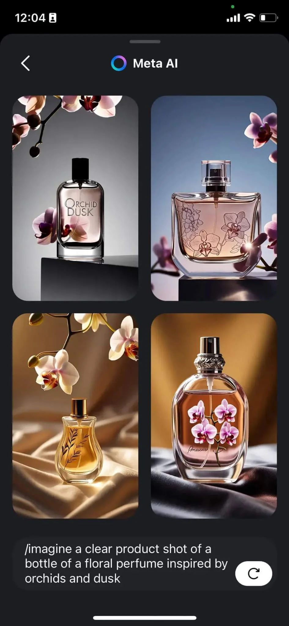 Four Meta AI-generated product shots of perfume bottles with orchids, created from the '/imagine' prompt.