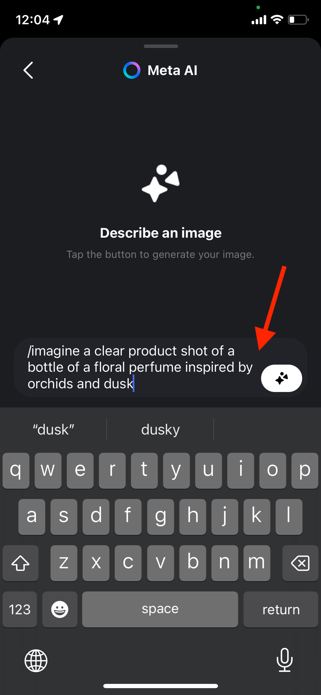Meta AI '/imagine' prompt in Instagram asking for a product shot of a floral perfume bottle inspired by orchids and dusk.