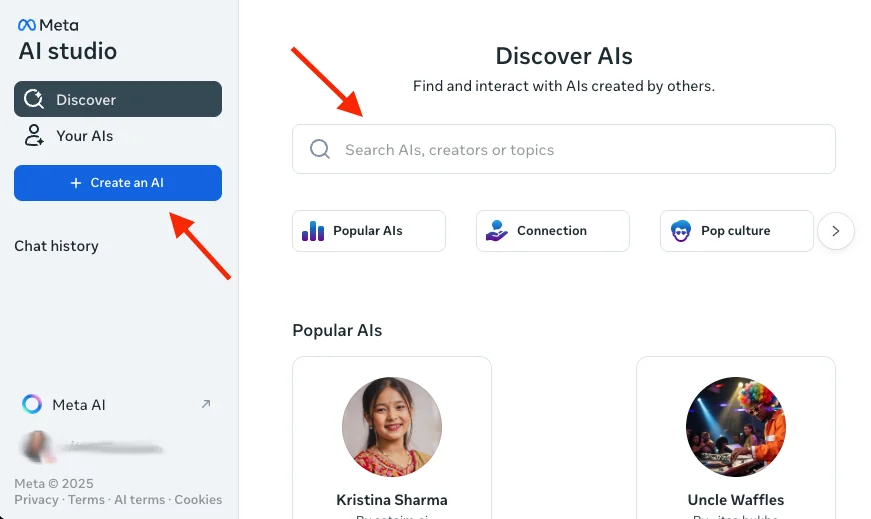 Meta AI Studio, with arrows to the 'Create an AI' button and the search bar for discovering other creators' AIs.