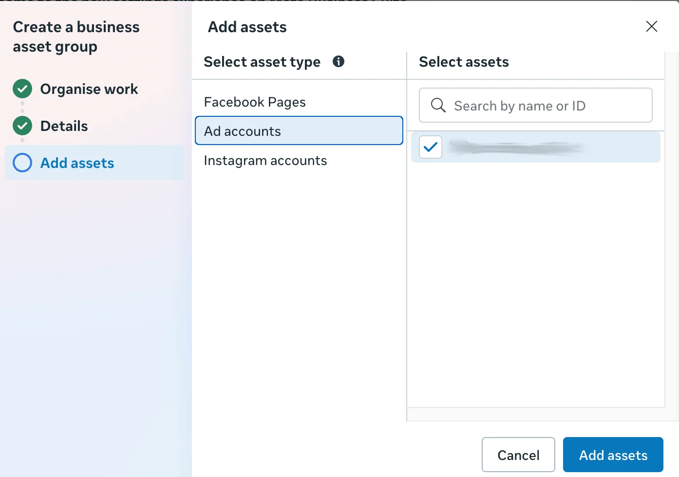 Meta Add assets step, selecting an ad account to include in the business asset group.