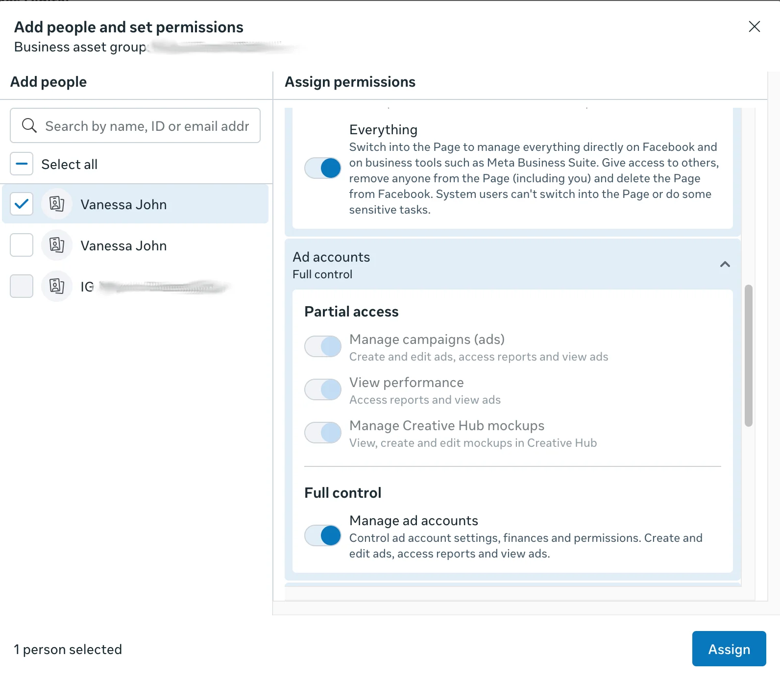 Meta Add people and set permissions dialog, giving a team member full control of the group's ad accounts.