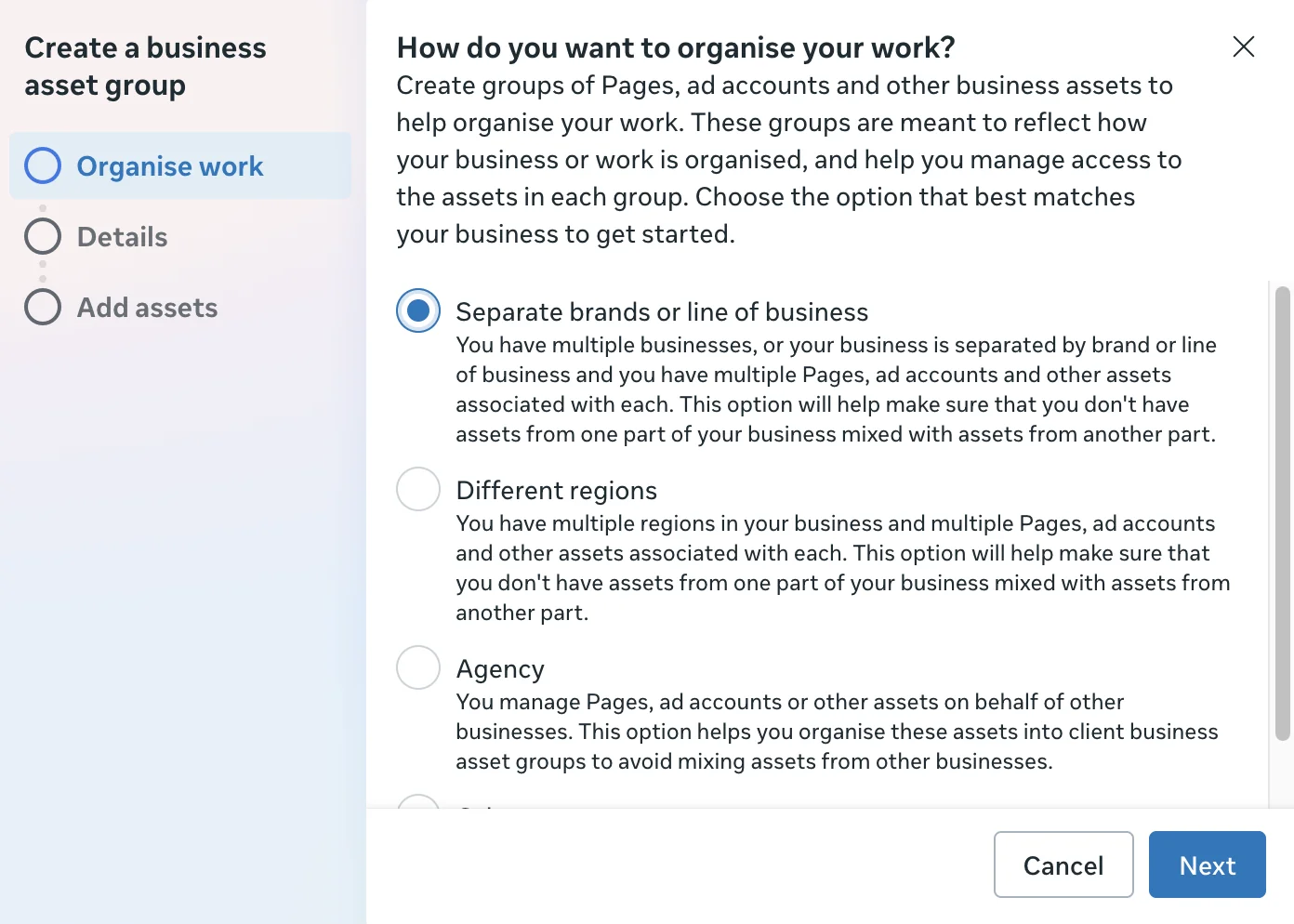 Meta business asset group setup asking how you organize your work, with Separate brands or line of business selected.
