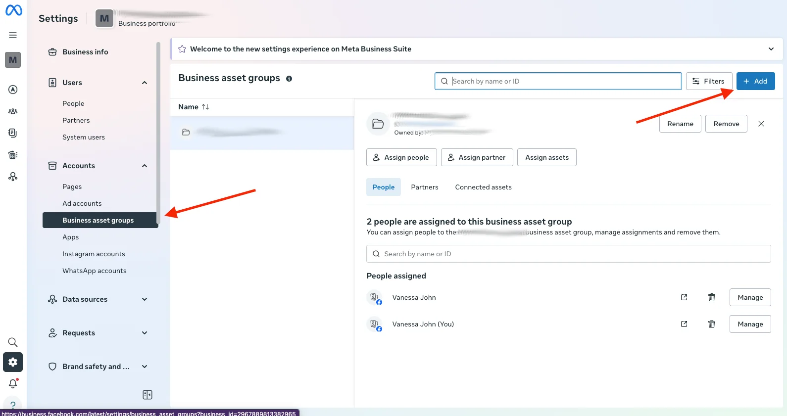 Meta business settings with arrows pointing to Business asset groups in the menu and the Add button.
