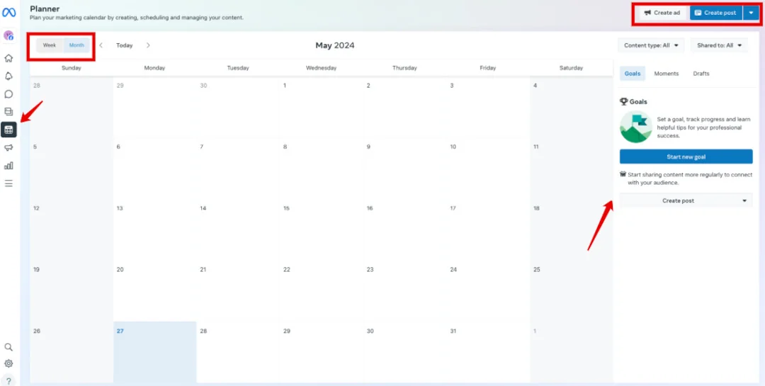 Meta Business Suite Planner calendar with the week and month view and the 'Create post' buttons highlighted.