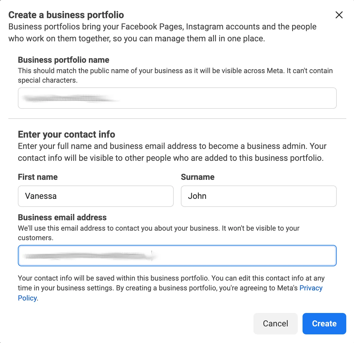 Meta Create a business portfolio form asking for the portfolio name, your name, and business email.