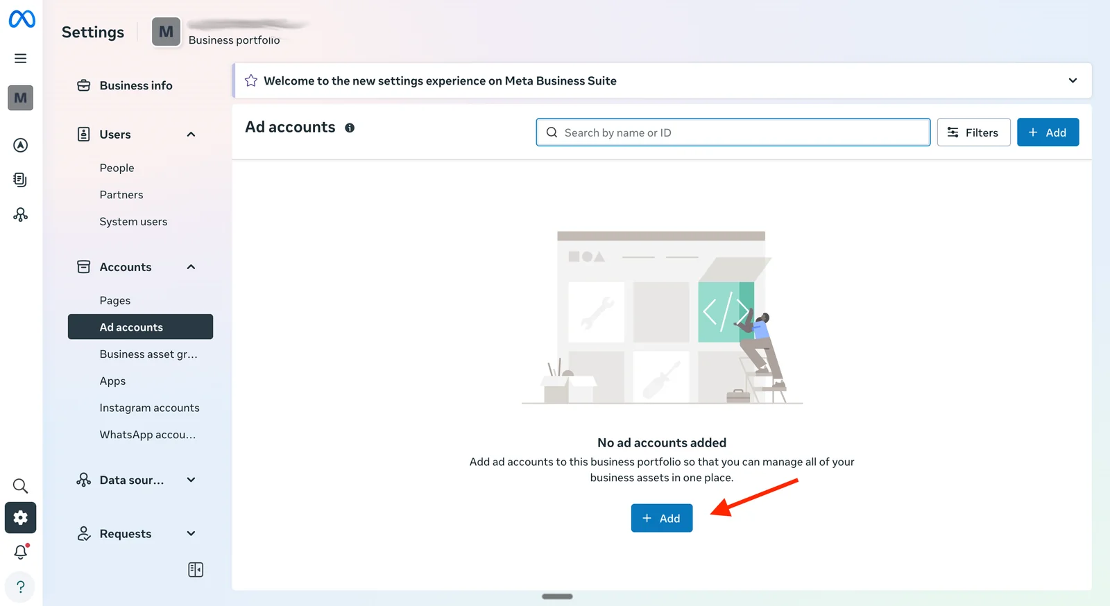 Meta business portfolio settings on the Ad accounts tab, with an arrow pointing to the Add button.