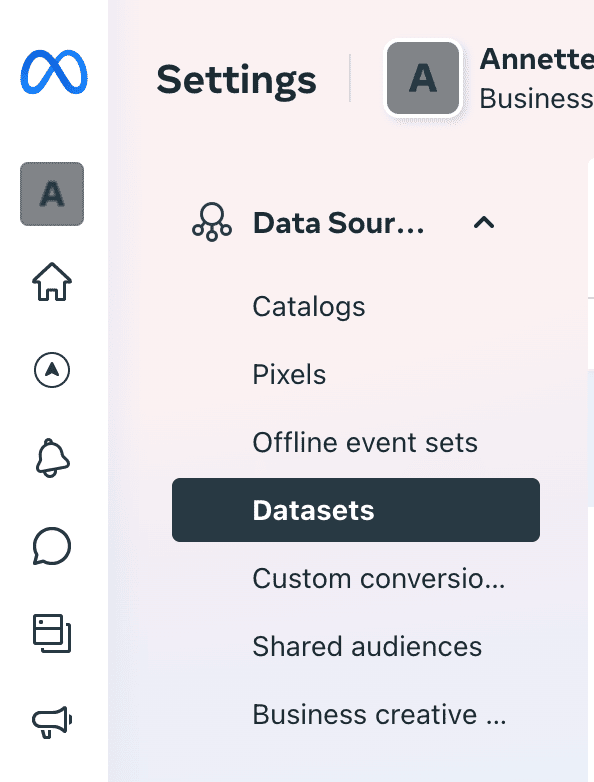 'Datasets' selected under Data sources in Meta Business Portfolio settings, where you create a Meta Pixel.